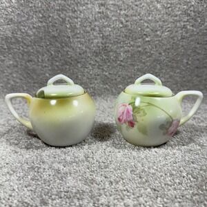 RS Germany Porcelain Sugar Bowls Lids Set 2 Handpainted Floral Rose Lily Antique